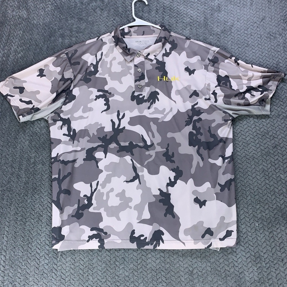 Huk Fishing Shirt Mens Size XL Gray Camo Polo Performance Short Sleeve Stretch
